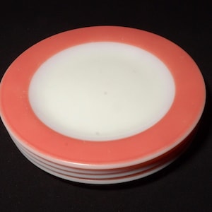 PYREX Set di 4 piatti da dessert con fascia fenicottero rosa da 7 pollici, piatti da portata, bordo rosa, stoviglie da cucina vintage anni '50, Canada SCRATCHES