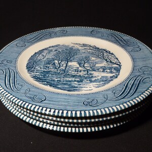 Set of 4 Vintage Blue Currier and Ives Dinner Plate 10 Inches