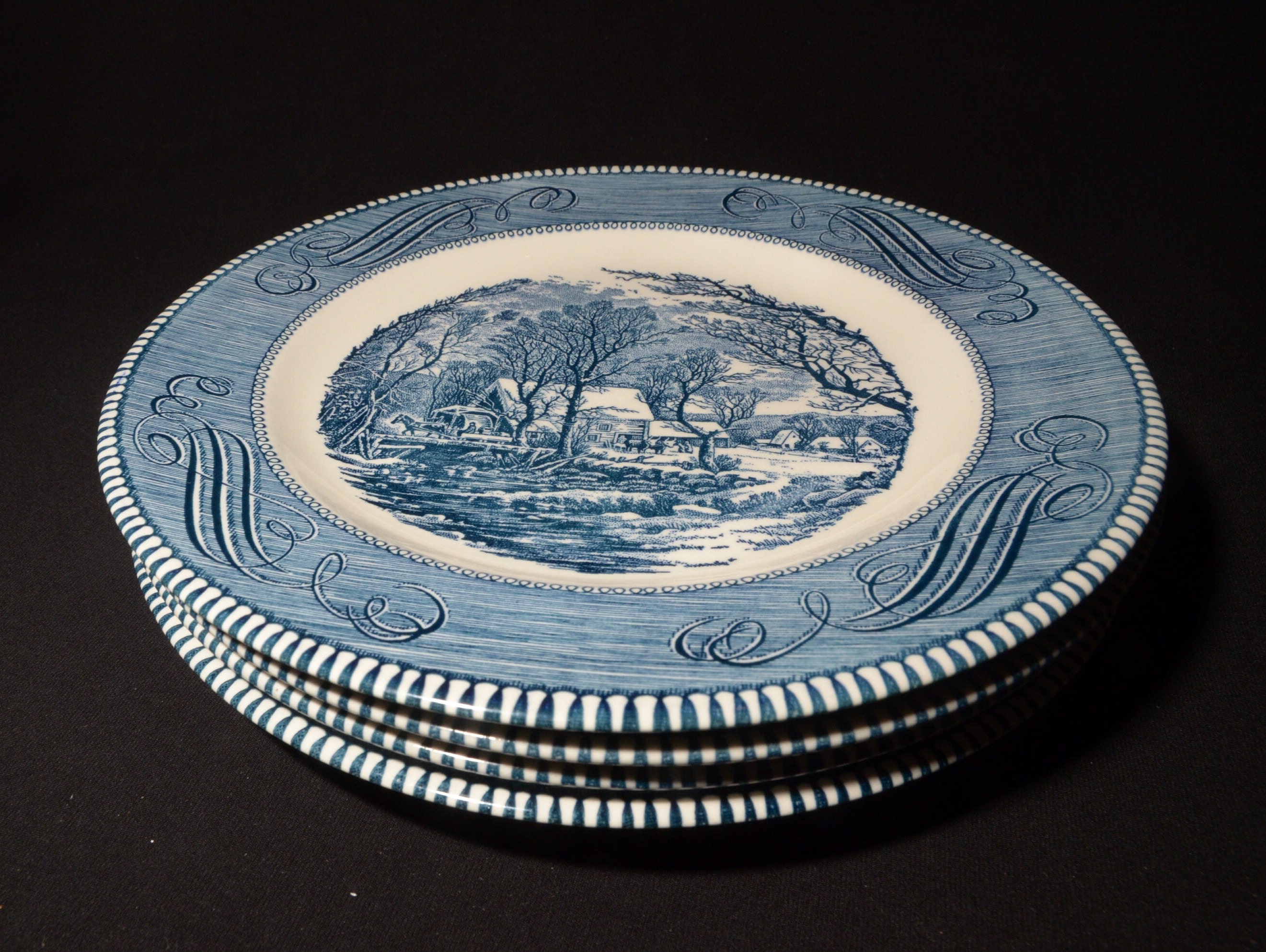 Set of 4 Vintage Blue Currier and Ives Dinner Plate 10 Inches