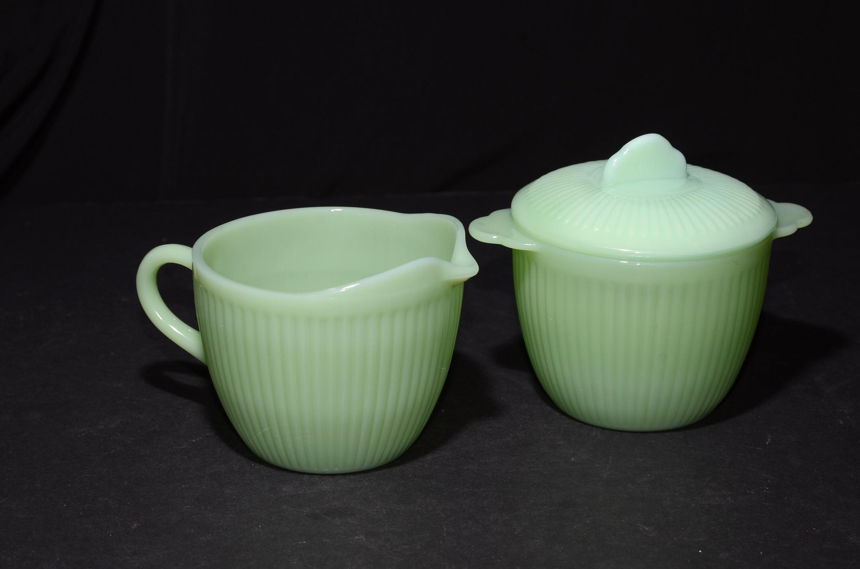 Fire King Jadeite Jane Ray Creamer and Sugar Bowl With Lid Set