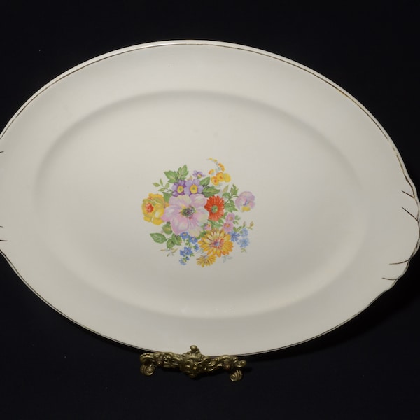 Large serving platter Turkey platter British Empire Made Sovereign Canada oval 15 1/2" floral bouquet Ironstone crazing Thanksgiving platter