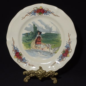 Sareguemines France Obernai lunch plate decorative plate 8 inches porcelain signed Henri Loux Faienceries child white goose Alsace