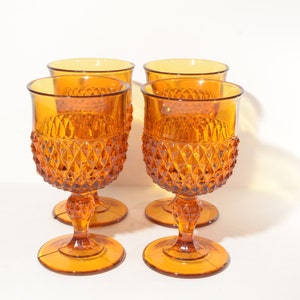 Vintage Diamond Point Amber Set of 4 Water Goblet Footed 6.5 tall Wine by Indiana Glass mcm image 2