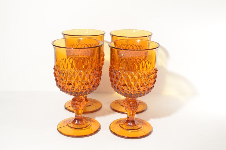 Vintage Diamond Point Amber Set of 4 Water Goblet Footed 6.5 tall Wine by Indiana Glass mcm image 2