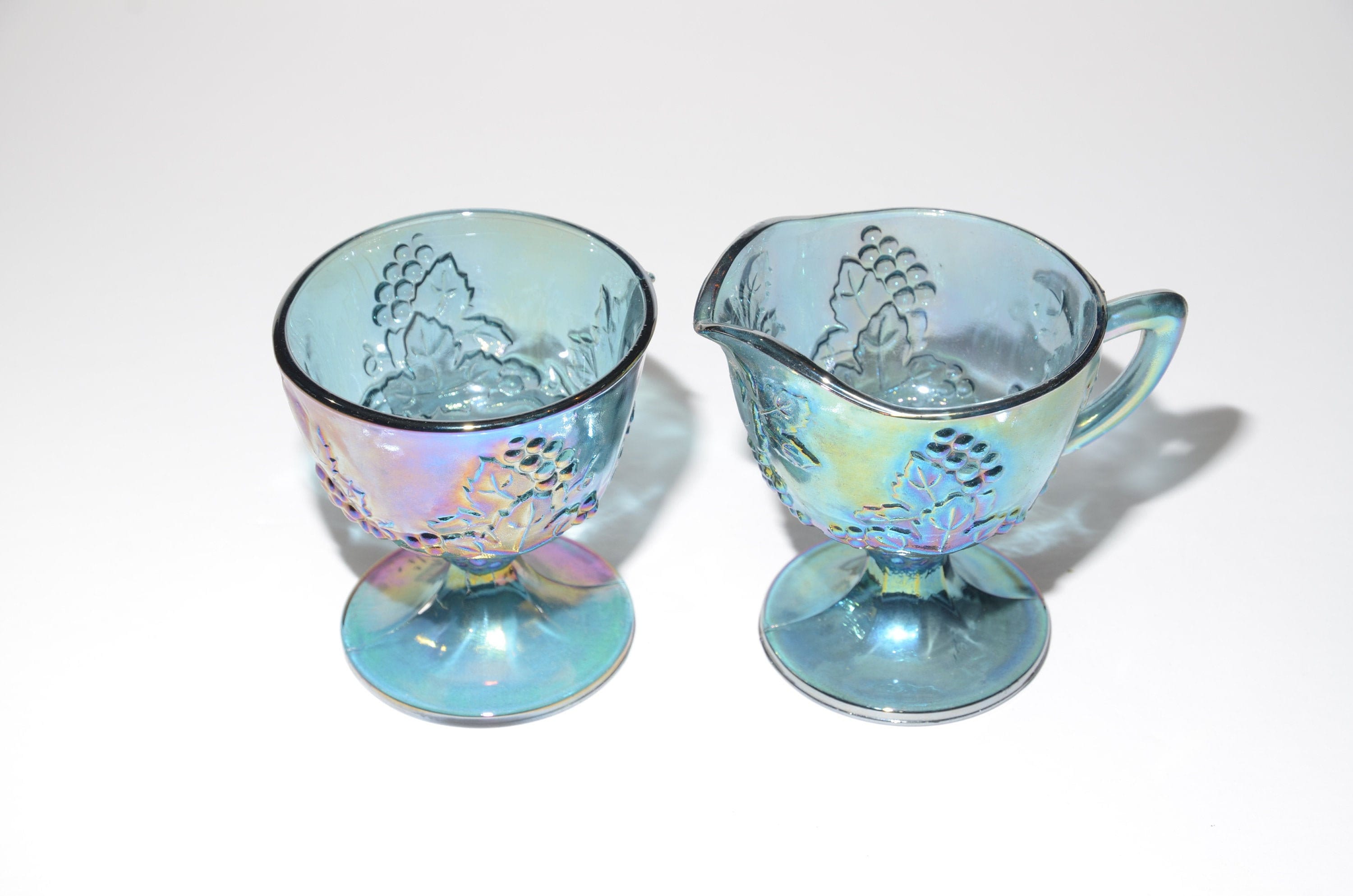 Blue Carnival glass creamer and sugar bowl set Vintage Etsy