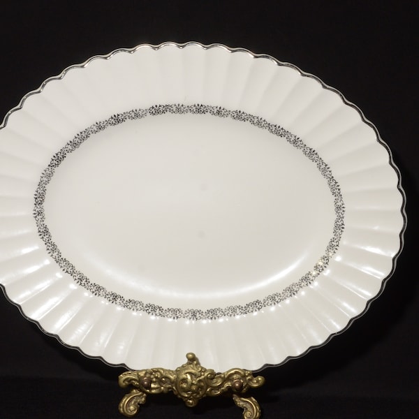 J & G Meakin Classic White with silver filigree serving plate serving dish 12 inches platter Ornate England swirl vintage scroll ironstone