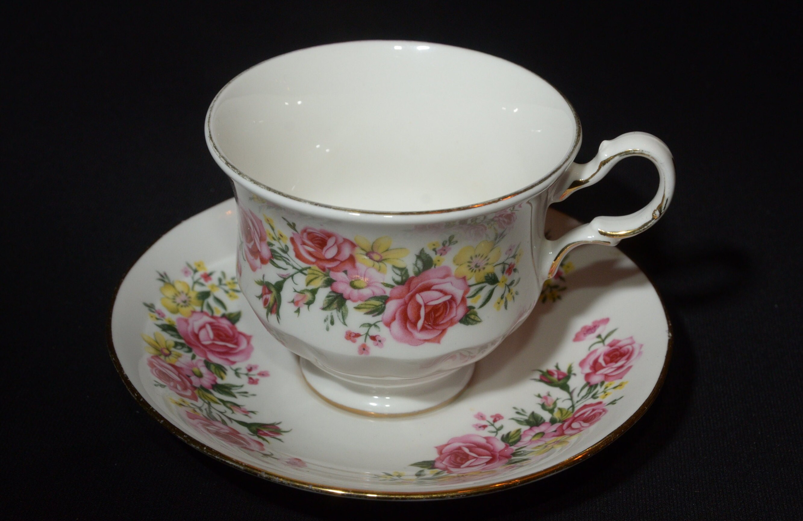 ROYAL VALE Bone China tea cup and saucer set patt no 8583 Pink yellow floral bouquet rose daisy vintage tea cup