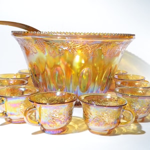 Indiana Carnival Glass Marigold iridescent Punch bowl Complete Set  12 cups ladle grape and leaf pattern in wonderful condition luster amber
