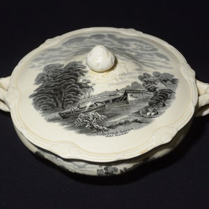 Grindley Scenes After Constable covered serving dish vegetable bowl vegetable dish lid A boat passing a dock beige black River Stour Suffolk
