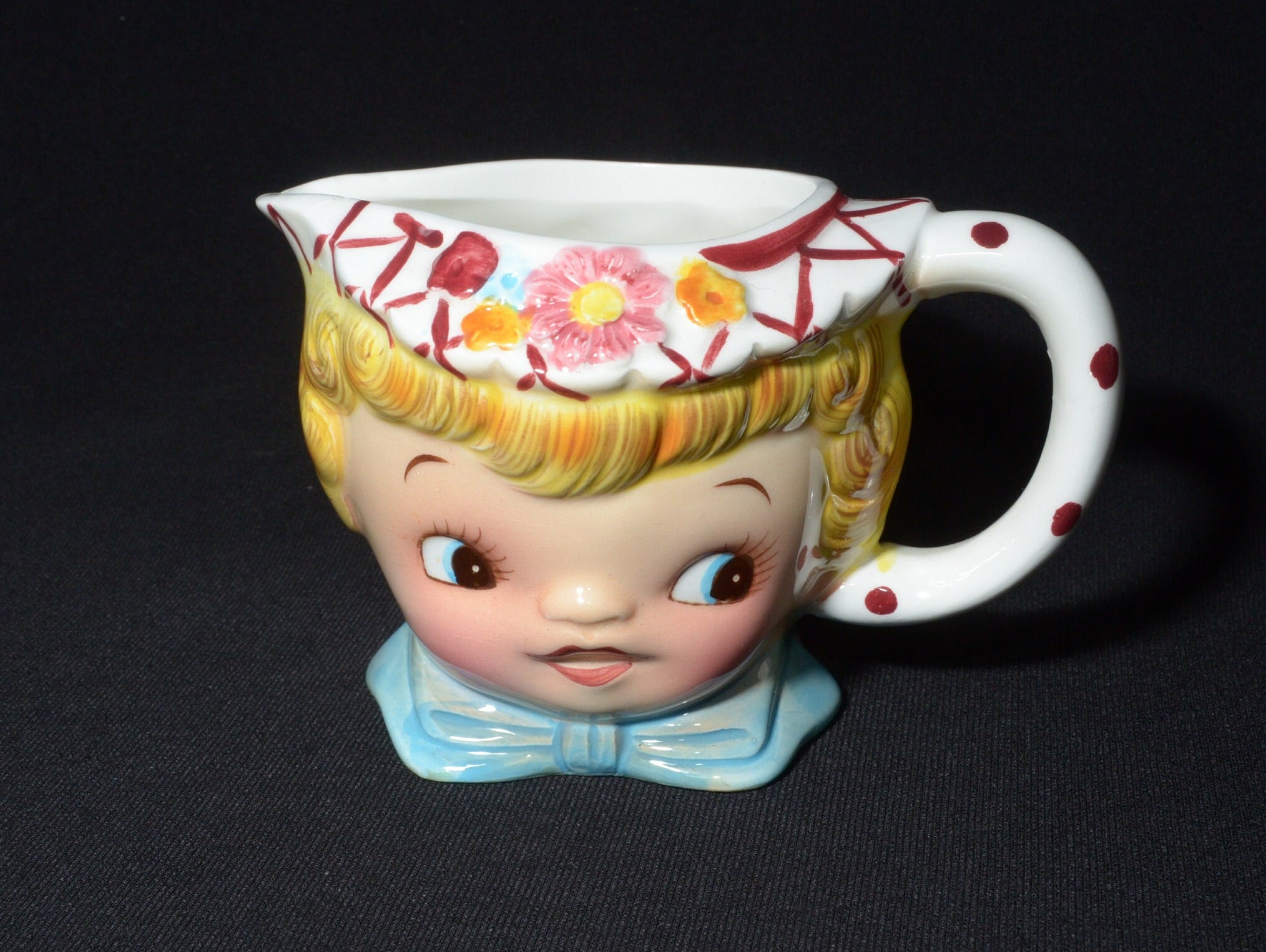 Vintage Lefton Miss Dainty creamer 1950's kitchen kitsch Retro kitchen decor Collectable ESD 6820 hat blue bow CHIPPED