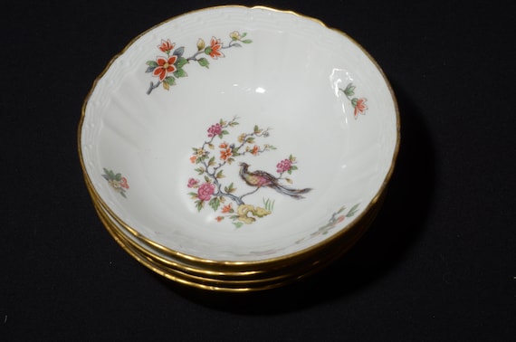 Set of 4 Limoges Porcelaine de France hand painted berry bowl dessert bowl 5 1/2" peacock floral bouquet gold rim porcelain bird