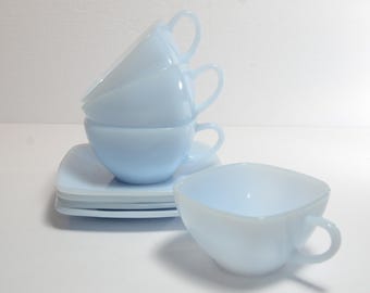 Fire King Charm Azurite Blue set of 4 teacup and saucer vintage &quot;C&quot; handles Collectible squared saucer 1950s azurite blue Azur-ite
