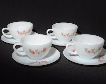 FIRE King Set of 4 Fleurette Coffee cup Tea cup and saucer set Vintage Milk glass Set teacup Dainty Pink flower USA