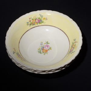 Puede incluir: Un tazón de cerámica blanca con un borde amarillo y un patrón floral. El tazón tiene un borde dorado alrededor del borde y un diseño floral en el centro.