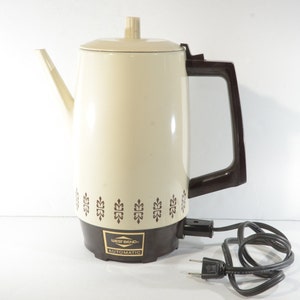 Vintage West Band Automatic Coffee Maker Percolator, Beige Brown Mid Century mcm percolator pot 9 cup retro pattern electric wire complete