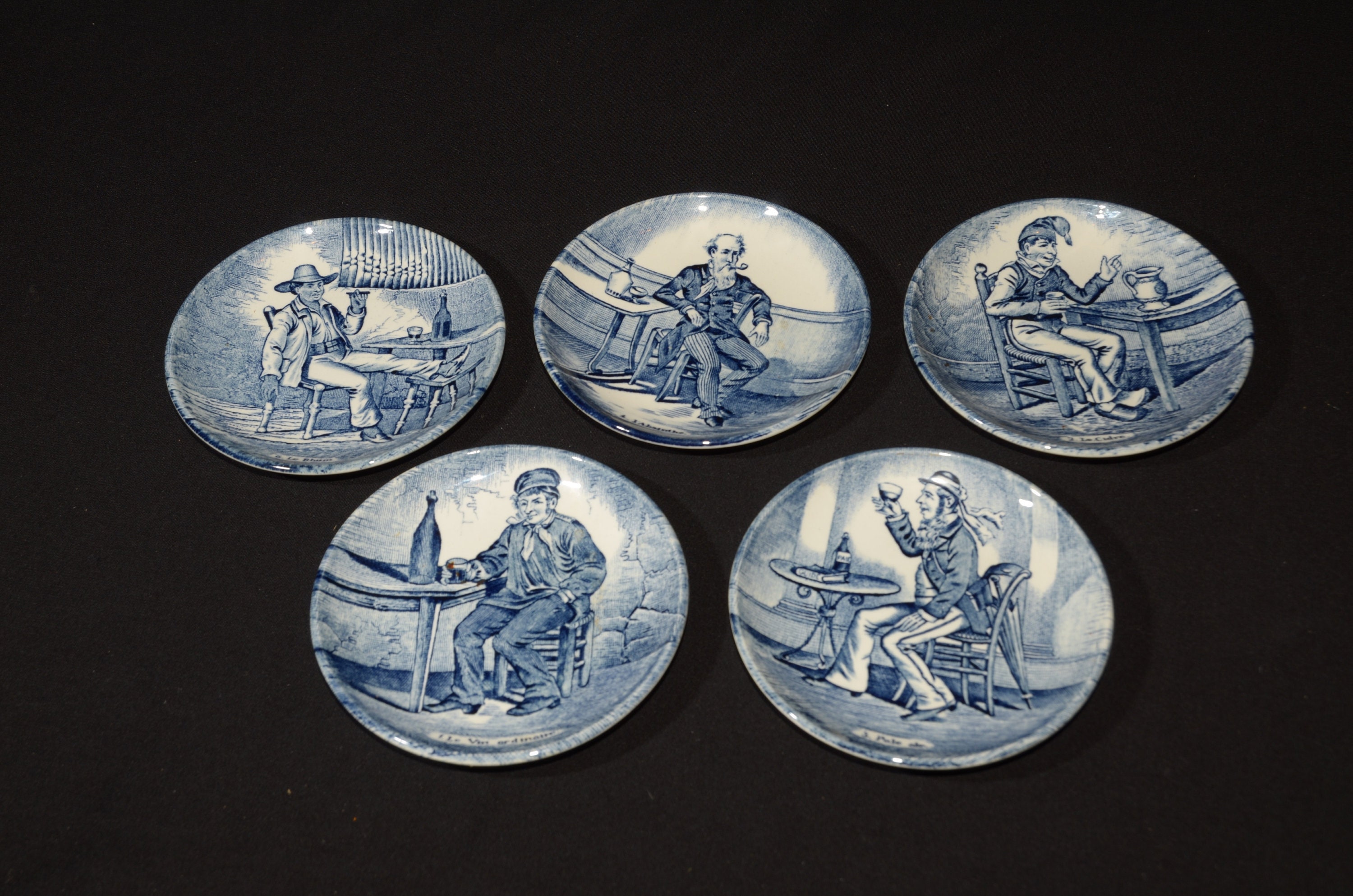 BOCH Delfts set of 5 coaster Collectible Belgium tavern scene blue transferware 4 1/4" rhum absinthe cidre pale ale  vin wine