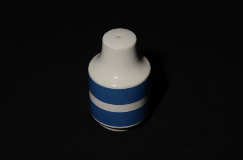 May include: A white ceramic salt shaker with two blue stripes around the middle.