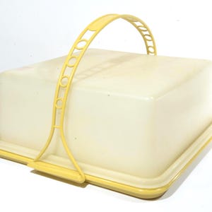 Porte-gâteaux carré TUPPERWARE vintage fabriqué au Canada 1241 pelle en or moisson base 1242 anse sangle 624 taché
