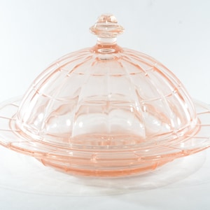 Hazel Atlas Pink Depression Glass Colony Colonial Block Optic butter dish with lid