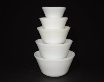 Set of 5 FEDERAL GLASS White Mixing Bowls Serving Bowls Milk Glass Vintage, Nesting Bowls Set 1950s Rare