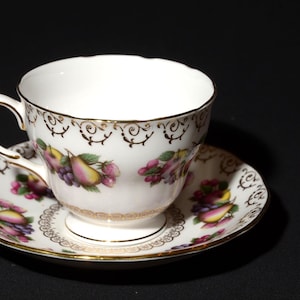COLCLOUGH Bone China footed tea cup and saucer numbered 8248 Gold Rimmed England Vintage teacup fruit pear apple grape