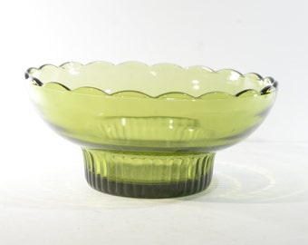 E.O. BRODY Vintage Milk Glass footed Serving Bowl Dish green multi purpose scalloped edge candy dish nuts Cleveland USA M2000 scalloped
