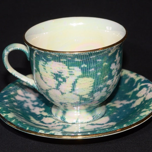 ROYAL WINTON Grimwades teal green teacup lusterware teacup and saucer set England brocade chintz 1940s iridescent rare color