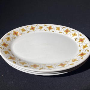 Set of 3 Grindley Duraline oval plate vitrified England ironstone hotelware 1970s 10.25&quot; long mustard burgundy floral flowers SCUFFING
