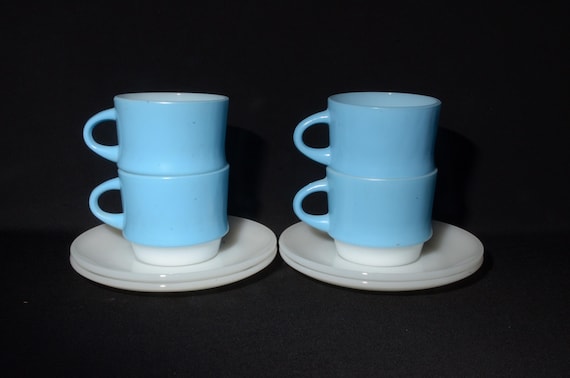 FIRE King Set of 4 Blue Mosaic Coffee cup Tea cup and saucer set Vintage Milk glass Set teacup USA Anchor Hocking