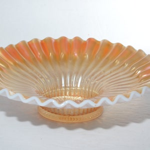 Dugan Marigold opalescent iridescent Caroline pattern ruffled Carnival Glass bowl candy dish paneled footed bowl 8 3/4&quot; ot1