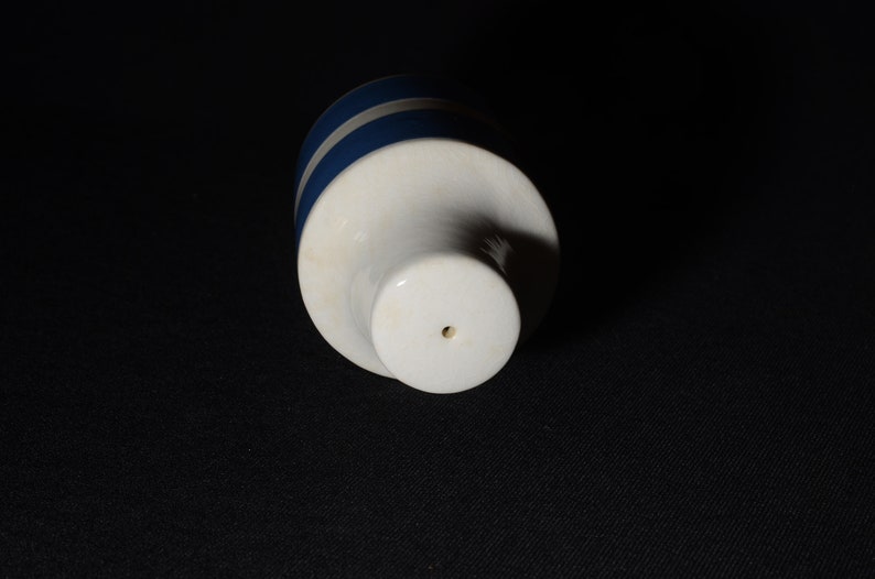 May include: White ceramic bottle stopper with a blue stripe design. The stopper has a small hole in the bottom.