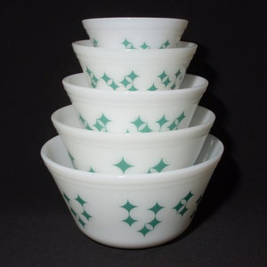 Set of 5 FEDERAL GLASS Teal Atomic Starburst Mixing Bowls Serving Bowls Milk Glass 1950s Rare Turquoise Star Diamond EXCELLENT