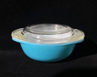 Pyrex blau Mini Auflaufform 080 mit klarem Glasdeckel 4,5 "Durchmesser individuelles Milchglas hergestellt in Kanada CHIPPED Deckel htf