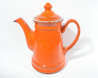 Vintage GT  Beauceware Orange coffee pot teapot tea pot pottery white inside Genin Trudeau Beauce Canada 31