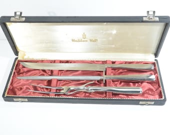 Set di posate da intaglio Haddon Hall Hollow Ground Germany in acciaio inossidabile, 3 pezzi, con coltello, forchetta e affilacoltelli, custodia nera originale