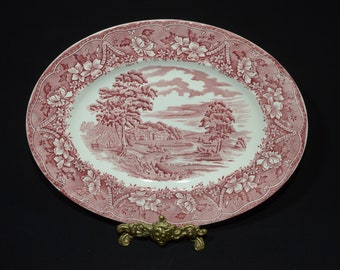 Vintage Old Castle by Barratts  platter serving plate 12 inches England red pink transferware Castle 12 inches