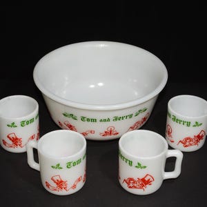 HAZEL ATLAS 1950s Christmas Cheer Tom and Jerry Egg Nog Set with 4 Cups and Punch Bowl Christmas Decor