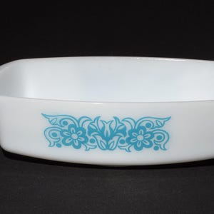 FEDERAL GLASS Blue Tulip rectangular Casserole dish Milk glass baking dish blue flower Design blue and white serving dish made in USA