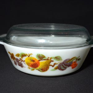 Pyrex ENGLAND JAJ Kent Orchard Hawaii casseruola rotonda con coperchio 513 frutta coperchio CHIPPED ot
