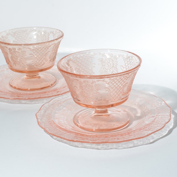 Set of 2 Vintage Pink depression glass Federal Glass Normandie champagne footed sherbet plate Bouquet and Lattice