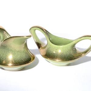 Juego de azucarero y cremera Beauce verde y dorado. Cerámica vintage de mediados de siglo. Canadá. Genio Aladdin 91
