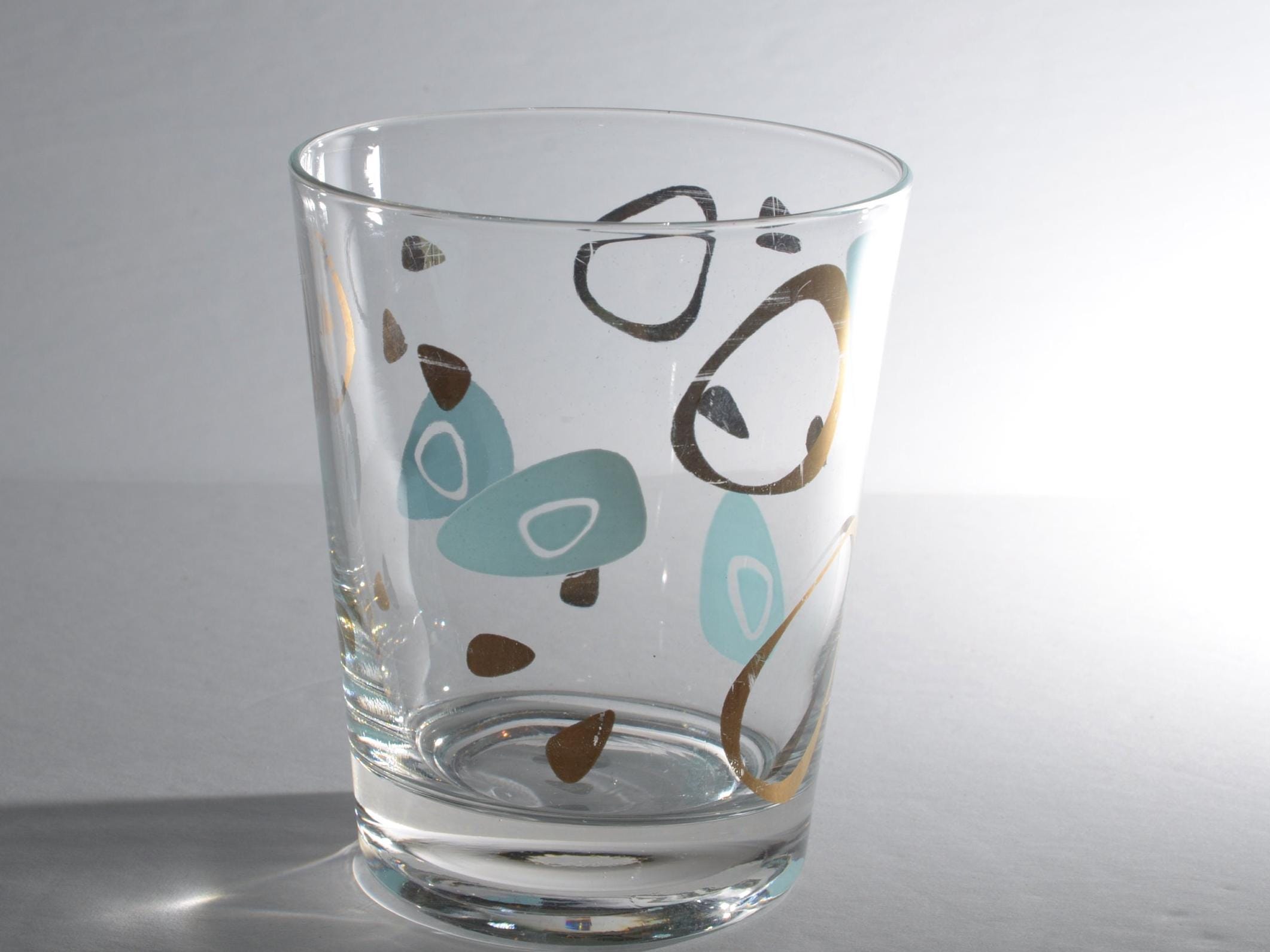 FEDERAL GLASS Atomic Amoeba Boomerang large drinking glass rocks Whiskey glass 4 1/4" tall MCM Mixology Vintage