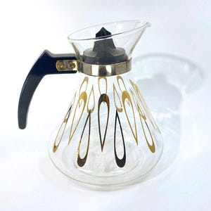 David DOUGLAS Flammenfeste Gold Drop Design Kaffeekanne Karaffe 4 Tassen 23 Unzen schwarzer Deckel Vintage Mid-Century Kaffeekanne Glas Krug Atomic USA