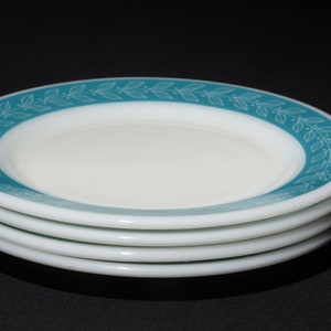 PYREX Set of 4 Turquoise Laurel leaf dinner plate Vintage Pyrex 9 inches 1960s Kitchen Vintage tableware Autumn Bands Blue
