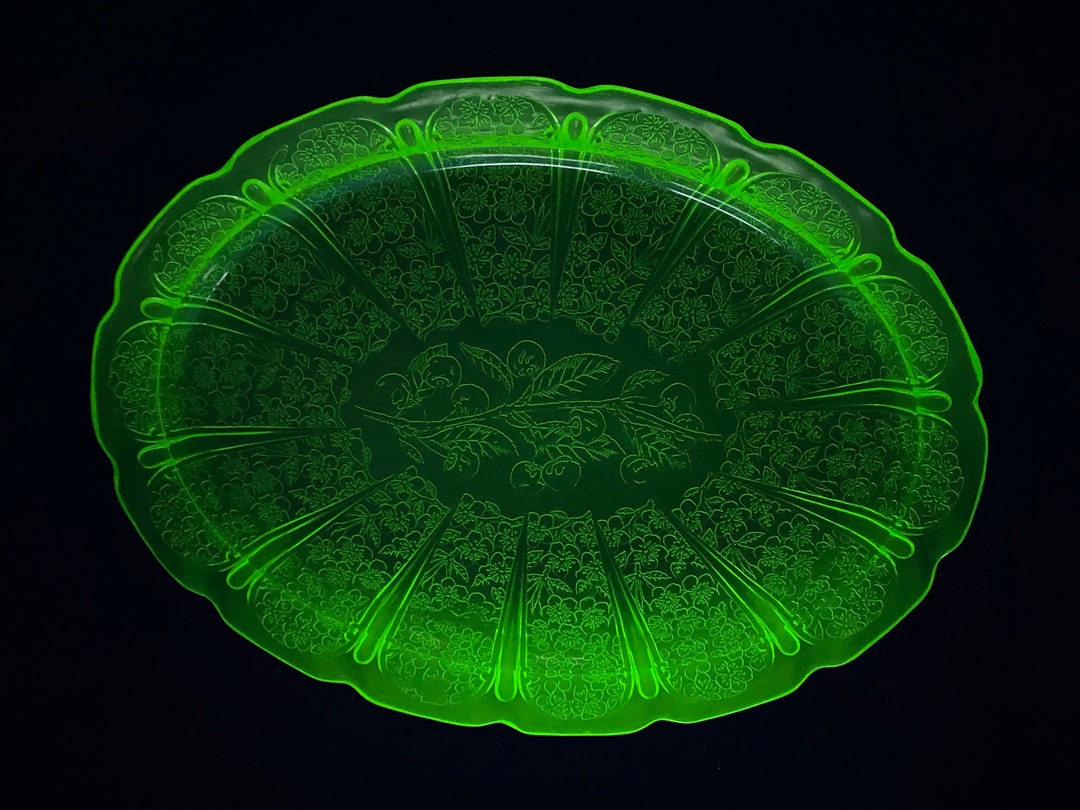 Vintage Green Depression Glass CHERRY BLOSSOM Oval Platter Serving