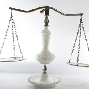 Vintage scale of justice milk glass hobnail Balance Scale Brass Balancing Scale white 14&quot; tall apothecary justice libra candlewick ot