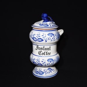 Vintage Arnart Blue Onion Danube Instant Coffe Jar Canister with lid Japan Crossed Arrows black lettering 1960s great condition