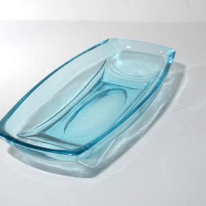 Vintage Hazel Atlas turkosblått glas serveringsfat rektangulärt Capri-mönster mitten av århundradet kolonial godisskål Banana split-skål