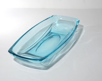 Vintage Hazel Atlas Turquoise Blue Glass serving dish rectangular Capri Pattern mid century Colonial candy dish Banana split dish