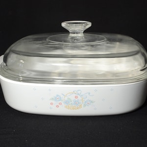 CORNING WARE Country Cornflower Blue Ribbon Flower Basket 2 1/2 Quart Vintage Casserole Dish A-10-B Glass Pyroceramic Pyrex lid CHIPPED ot